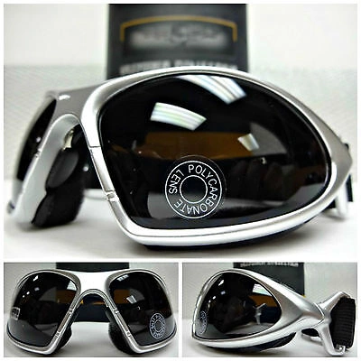 Pre-owned Biker Padded Motorcycle Riding Glasses Goggles With Strap Silver Frame Dark Black Lens