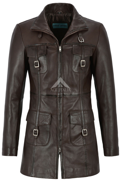 Pre-owned Carrie Ch Hoxton 'mistress' Ladies Leather Jacket Brown Gothic Style Fitted Mid Length Coat 1310