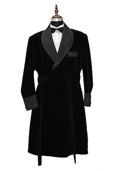Pre-owned Handmade Men Black Smoking Long Coat Gown Quilted Lapel Luxury Designer Party Wear Coat