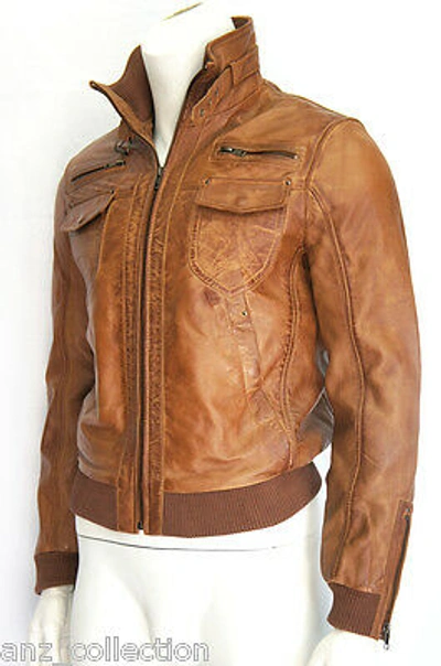 Pre-owned Anz Sean Men's Tan Short Bomber Vintage Lamb Washed Waxed Look Real Leather Jacket