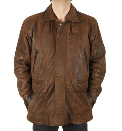Pre-owned Simons Leather Mens Plus Size 4xl Brown Buff Leather 3/4 Length Parka Style Coat