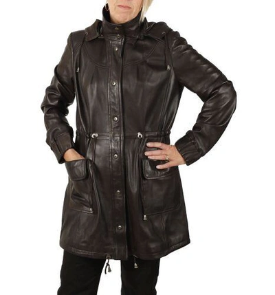 Pre-owned Simons Leather Ladies 3/4 Length Hooded Brown Leather Parka Coat