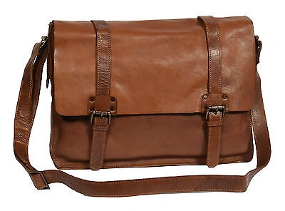 Pre-owned Fashion Mens Real Leather Satchel Bag Soft Brown Antique Double Buckle Casual Messenger