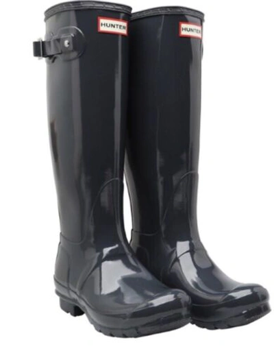 Pre-owned Hunter New&boxed, Women's  Original Tall Gloss Wellington Boots. Dark Slate. Uk 7