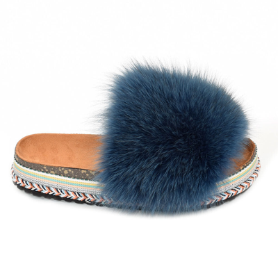 Pre-owned Fox Platform Slides With Navy Blue  Fur Slippers High Sole Sandals With Fur
