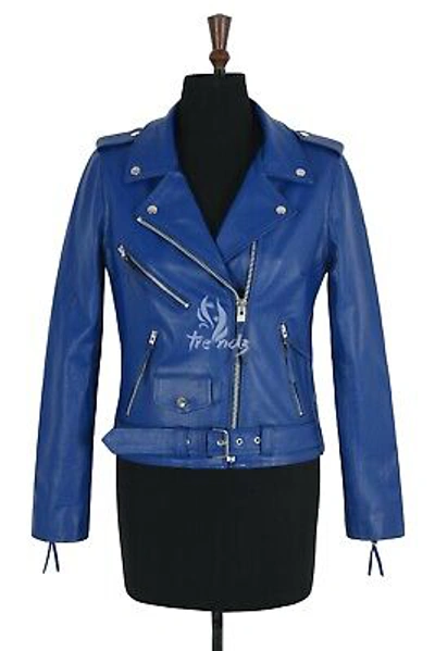 Pre-owned Style Ladies Brando Blue Classic Biker  Real Cowhide Leather Fashion Jacket