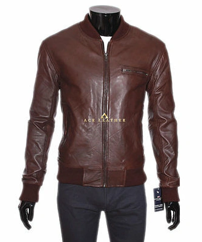 Pre-owned Ace 70's Mens Leather Bomber Jacket Brown Baseball Style Real Napa Leather Jacket