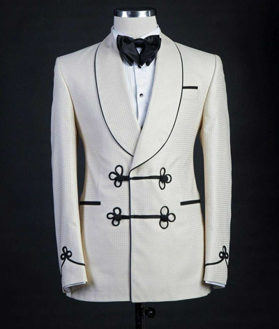 Pre-owned Cavalier Men Party Designer Custom Made Off White With Piping Hand Work Premium Blazer