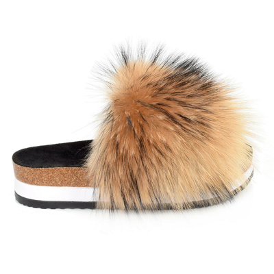 Pre-owned Fox Platform Slides With Raccoon Fur High Sole Slippers With Fur Slip-on Sandals