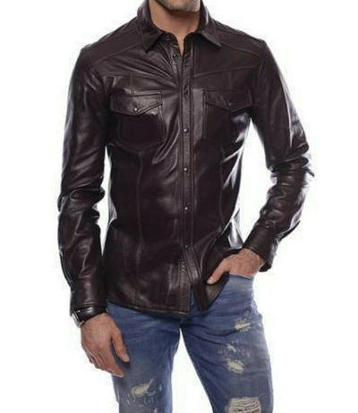 Pre-owned Motero Men's Dark Brown Real Sheepskin Soft Lightweight Biker Full Sleeve Leather Shirt