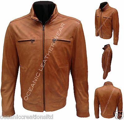 Pre-owned Oceanic Leather Wear Mens Tan Soft Retro Urban Biker Style Zipped Casual Bomber Real Leather Jacket
