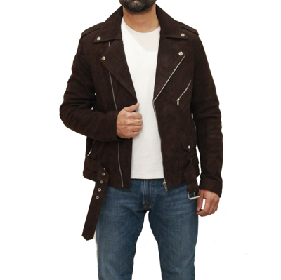 Pre-owned Style Men's Brown Soft Suede Leather Classic Brando Motorcycle Long Sleeves Jacket