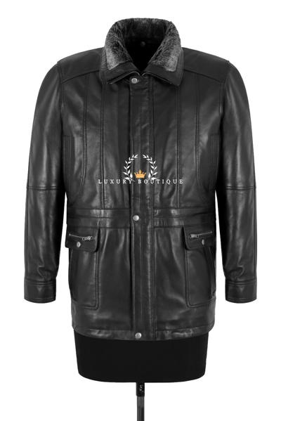 Pre-owned Smart Range Leather Mens Black Detachable Fur Collar Coat Classic Napa Leather Winter Hip Length Lux