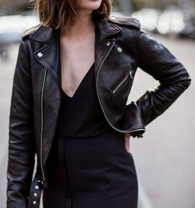 Pre-owned Handmade Women Black Leather Biker Motorcycle Jacket