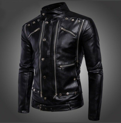 Pre-owned Buy Branded Mens Fashion Jackets Outwear Black Leather Up Collar Biker Style Zip Up Slim Fit