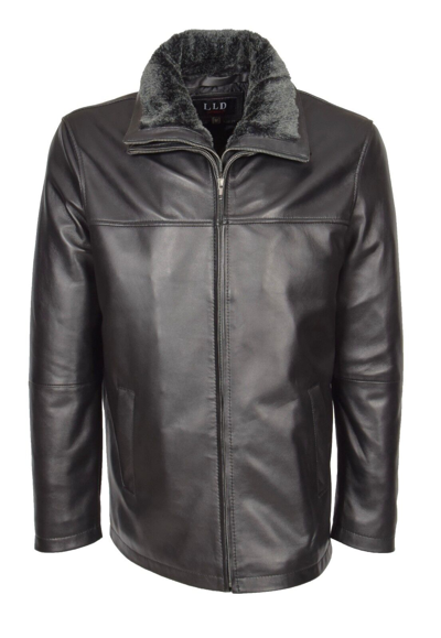 Pre-owned Fashion Mens Real Leather Jacket Black Zip Box Removable Collar Hip Length Parka Coat