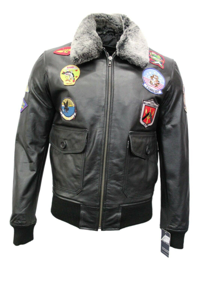 Pre-owned Sr Real Leather Mens Top Gun Badges Fur Bomber Air Force Style Black Real Cowhide Leather Jacket