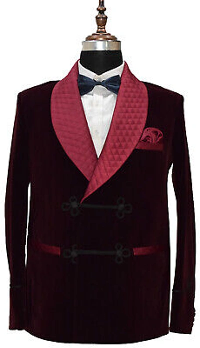 Pre-owned Handmade Men Smoking Jacket Blazer Burgundy Elegant Luxury Stylish Designer Party Wear Uk