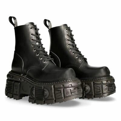 Pre-owned New Rock Rock M-mili084n-s5 Unisex Black 100% Leather Platform Military Boots