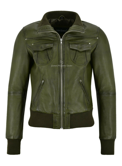 Pre-owned Carrie Ch Hoxton Ladies Bomber Leather Jacket Olive Lambskin Classic Fashion Biker Style 3758