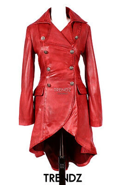 Pre-owned Real Leather Ladies Leather Flare Coat Envy Red Gothic Style  Trench Coat 3492