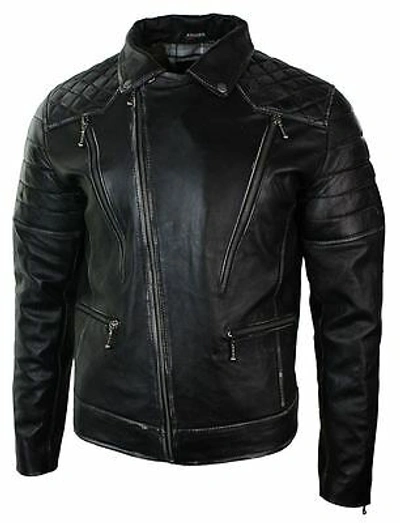 Pre-owned Aviatrix Mens Punk Rock Real Leather Cross Zip Biker Jacket Vintage Retro Effect