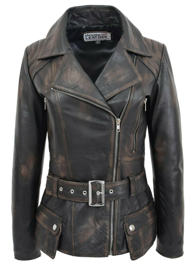 Pre-owned House Of Leather Womens Real Leather Biker Jacket Cross Zip With Waist Belt Celia Rub Off
