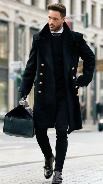 Pre-owned Handmade Mens Long Trench Coat Black Tweed Overcoat Winter Outwear Jacket Christmas Sale