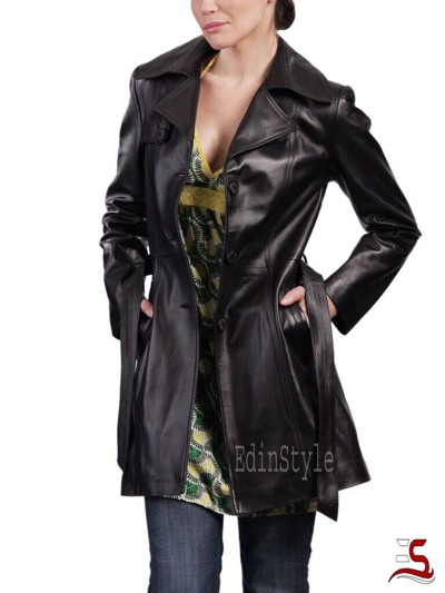 Pre-owned Edinstyle Hot Style Women's Genuine Sheep Skin Trench Coat Real Leather Jacket
