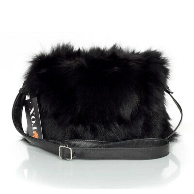 Pre-owned Fox Genuine Black  Fur Crossbody Bag Black Fur Shoulder Bag Real Fur Handbag