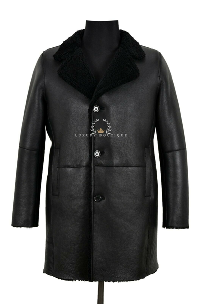 Pre-owned Smart Range Leather Men's Sherling Sheepskin Coat Black / Black Fur Classic Trench Reefer Warm Coat