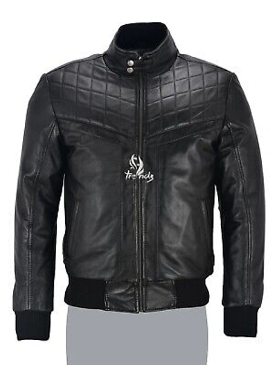 Pre-owned Harrington Classic Bomber Leather Jacket Men's 70's Quilted Front Leather Jacket Black