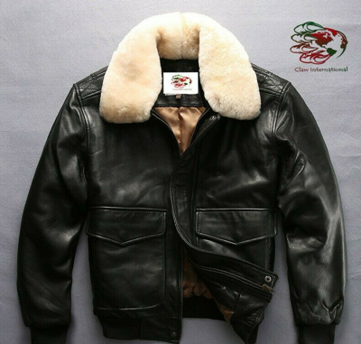 Pre-owned Claw Intl Mens Black Bomber Custom Made 100% Cowhide Genuine Leather Coat Bomber Flyjacket