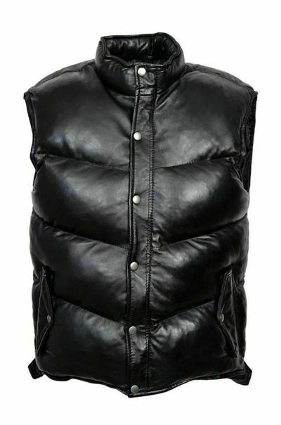 Pre-owned Claw Intl Men's Everest Puffer Black Down Sleeveless Genuine Leather Gilet Waistcoat Waistcoat
