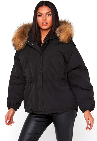 Pre-owned Black Real Natural Fur Hooded Parka Jacket -