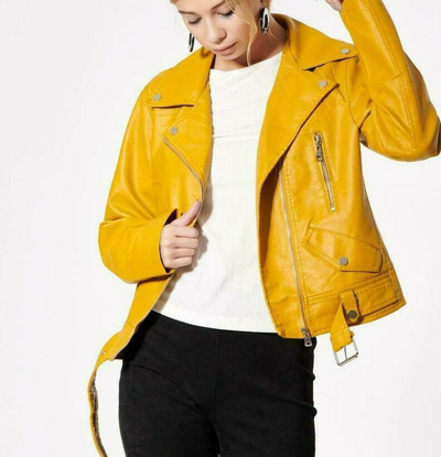 Pre-owned Handmade Women's Yellow Genuine Lambskin Soft Leather Belted Biker Jacket