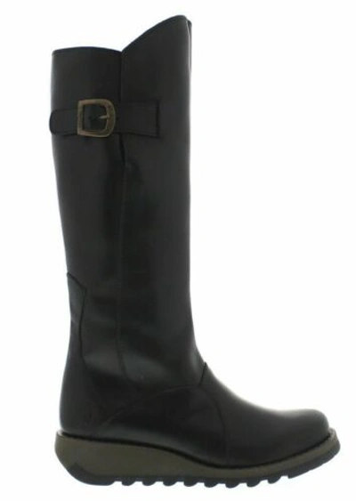 Pre-owned Fly London Mol 2 Black Womens Real Leather Zip Low Wedge Knee High Boots