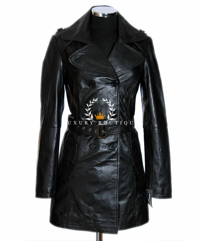 Pre-owned L.b Christina Black Ladies Designer Knee Length Lambskin Leather Trench Coat