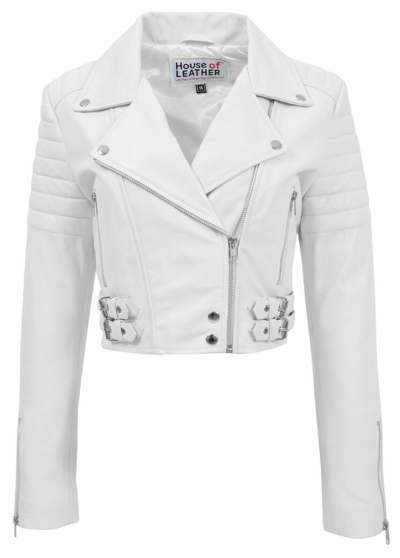 Pre-owned House Of Leather Womens Real Leather Biker Style Jacket Short Cropped Length Demi White