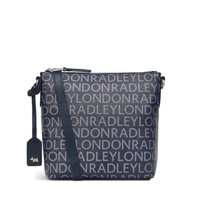 Pre-owned Radley Crossbody Bag Ink Dark Blue Signature Logo Saffiano Pu Medium Top Zip