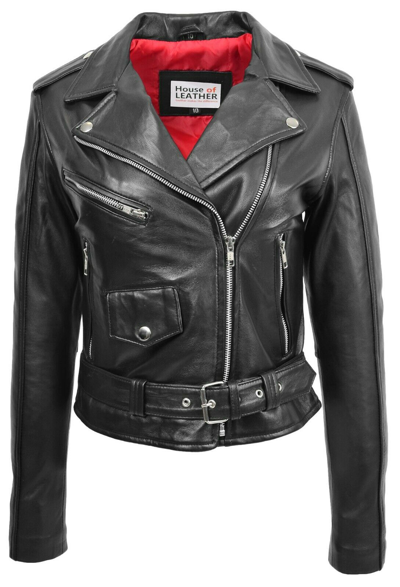 Pre-owned House Of Leather Ladies Real Leather Brando Biker Style Jacket Short Length Fitted Cut Black