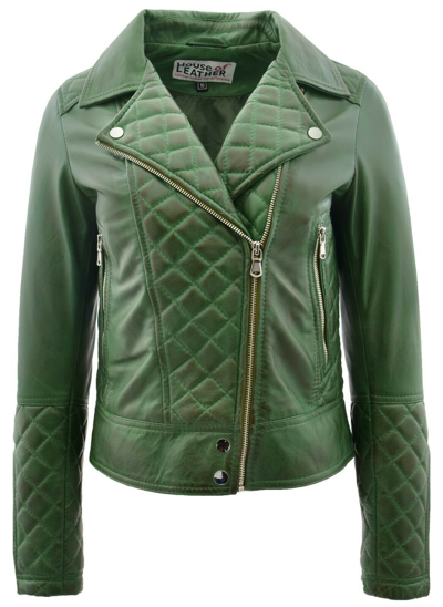 Pre-owned House Of Leather Womens Real Leather Biker Style Jacket With Quilt Detail Ziva Green