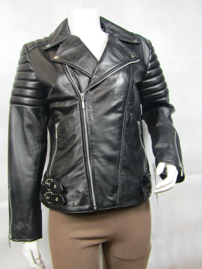 Pre-owned Femine Touch Ladies Black Napa Leather Slim Tight Fitted Short Biker Fashions Jacket Bike