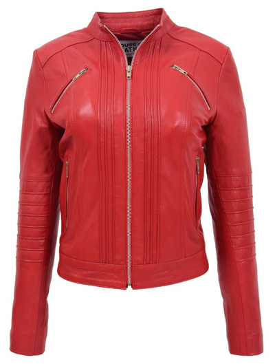 Pre-owned House Of Leather Womens Real Leather Biker Style Classic Jacket Alice Red