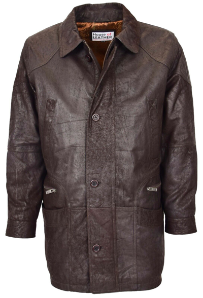 Pre-owned House Of Leather Mens Real Brown Leather Parka Car Coat Soft Antique Nubuck Classic Overcoat