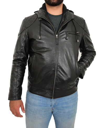 Pre-owned Fashion Mens Real Black Leather Hooded Jacket Sports Fitted Zip Fasten Biker Style