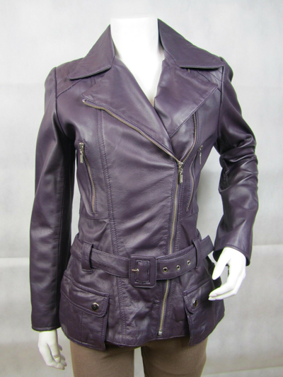 Pre-owned Femine Touch Ladies Purple Napa Leather Zip Slim Tight Fitted Biker Jacket Bike