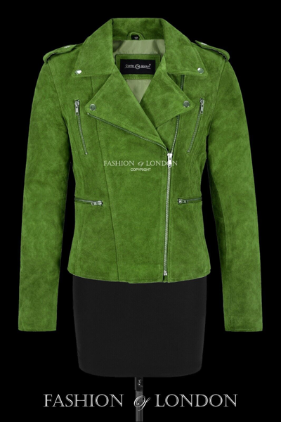 Pre-owned Smart Range Leather Women's Classic Biker Western Real Leather Jacket Lime Green Suede Casual Jacket