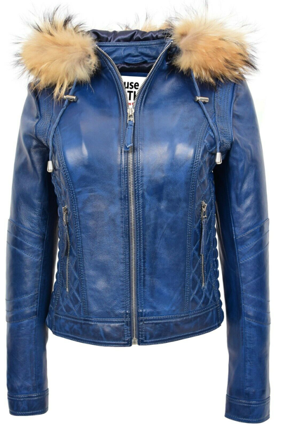 Pre-owned House Of Leather Womens Real Leather Biker Style Jacket Detachable Hoodie Lily Blue