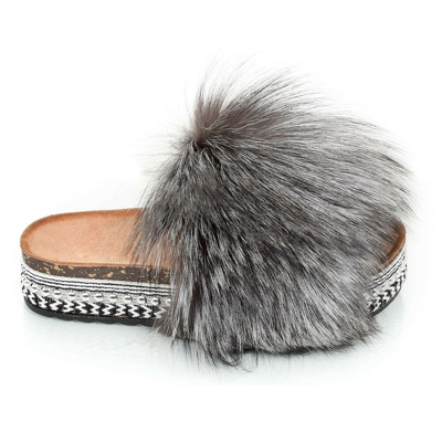Pre-owned Fox Platform Slides With Silver  Fur & Rivets Slippers High Sole Sandals With Fur